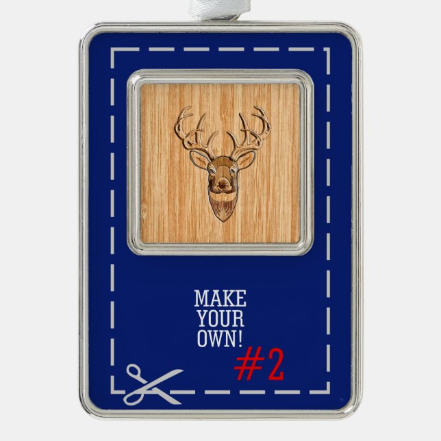 Deer Head Wood Grain Style Silver Plated Framed Ornament (Front)