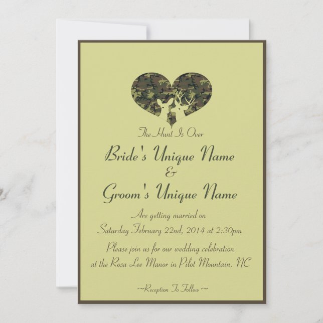 Deer Heart Brown and Green Camo Wedding Invitation (Front)