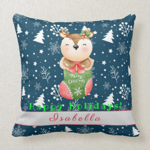 Deer Holidays Customize Text and Name 20"X20" Throw Pillow
