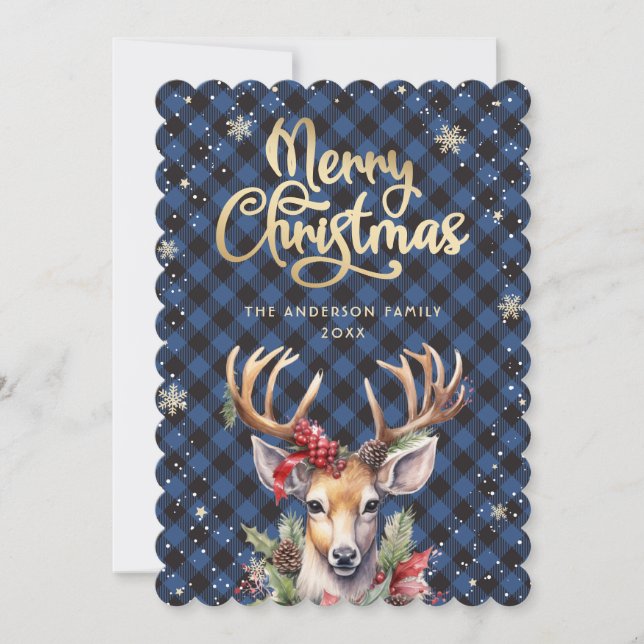 Deer Holly Red Berries Snowflakes Christmas Card (Front)