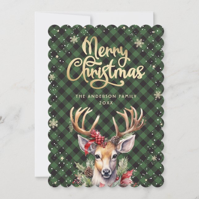 Deer Holly Red Berries Snowflakes Green Christmas Holiday Card (Front)