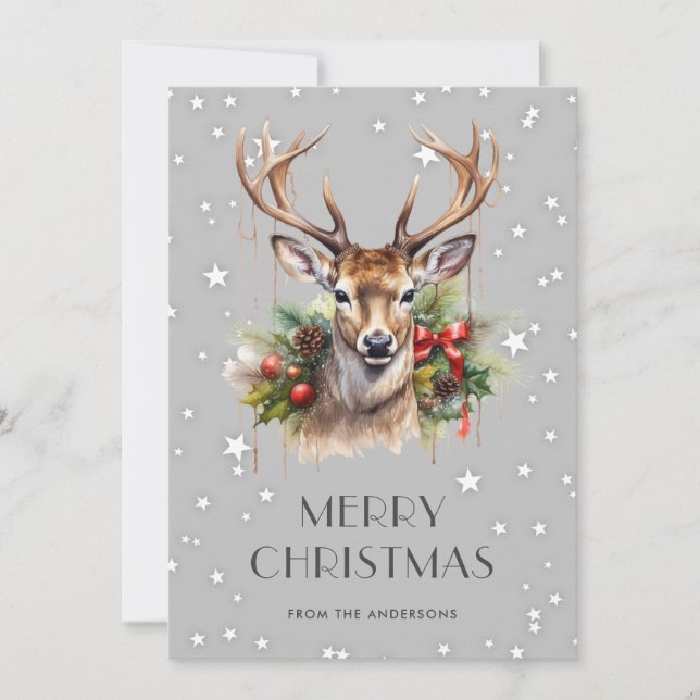 Deer Holly Stars Snowflakes Merry Christmas Card (Front)