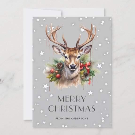 Deer Holly Stars Snowflakes Merry Christmas Card