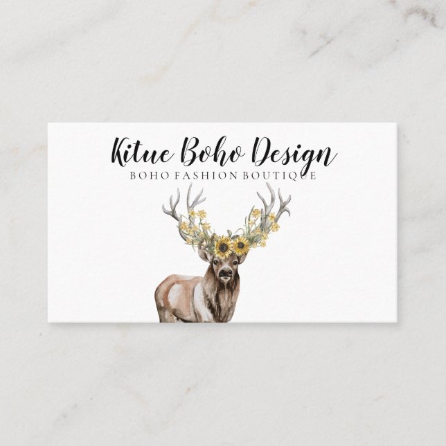 Deer Horn Antler Logo SunFlower Watercolor Business Card (Front)