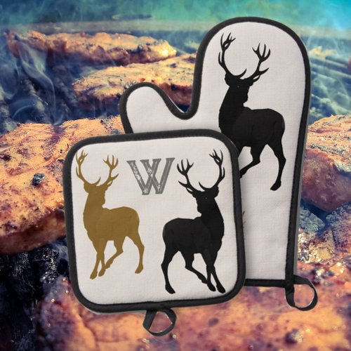 Deer Hunter Antlers Woodsman Oven Mitt  Pot Holder Set