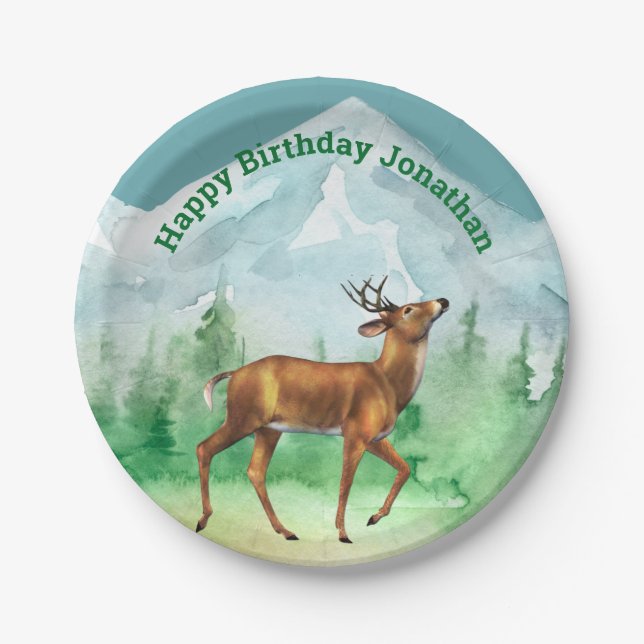 Deer Hunter Birthday Woodland Paper Plates (Front)