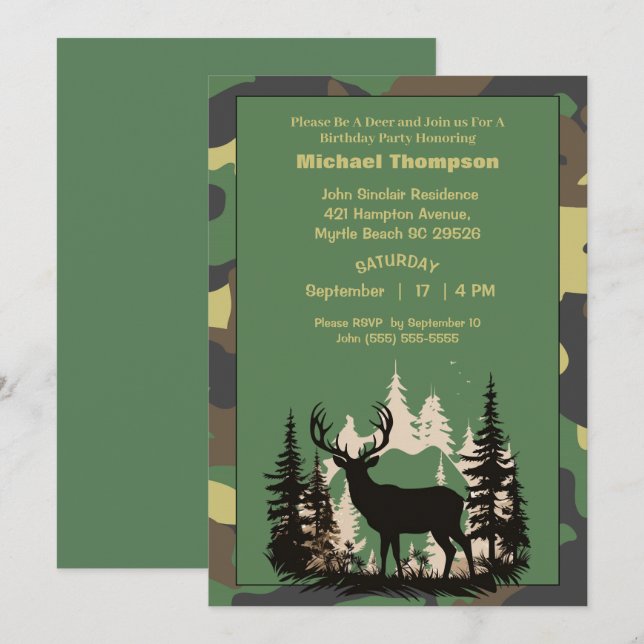 Deer Hunter Camouflage Birthday Invitation (Front/Back)