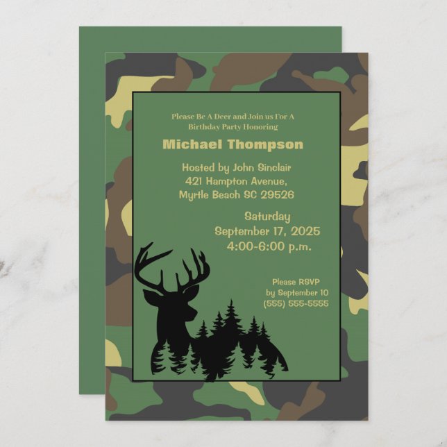 Deer Hunter Camouflage Birthday Invitation (Front/Back)