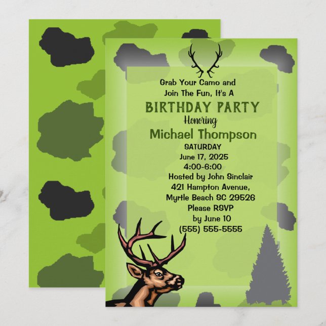 Deer Hunter Camouflage Birthday Party Invitation (Front/Back)