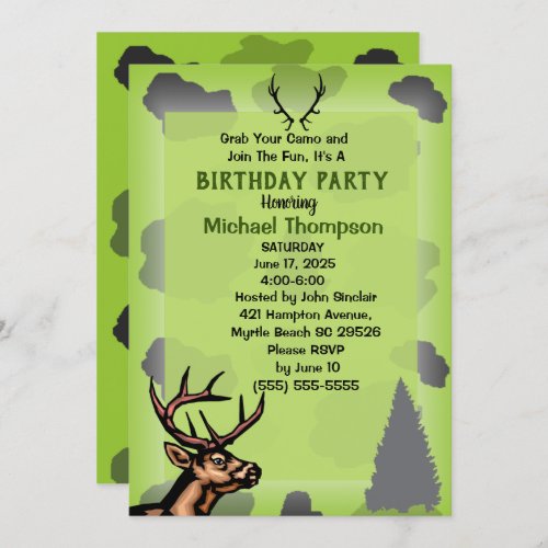 Deer Hunter Camouflage Birthday Party Invitation