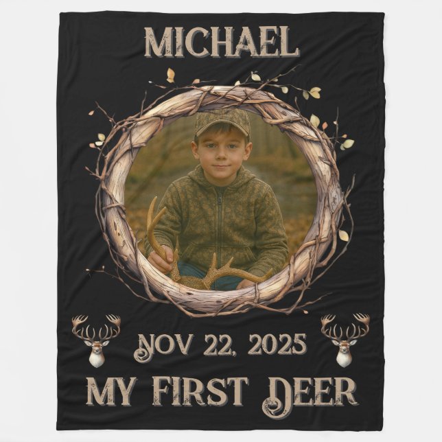 Deer Hunter First Buck Photo Date Name Keepsake Fleece Blanket (Front)