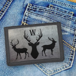 Deer Hunter Hunting Monogrammed Guys Wallet<br><div class="desc">Mens wallet with hunting theme and single initial template.  Distressed,  gray metal design with three animal silhouettes with antlers.  Makes a nice gift for the outdoorsman.  Colors are black and gray,  with option to change binding color.</div>