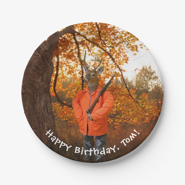 Deer Hunter in woods with gun birthday Paper Plates (Front)