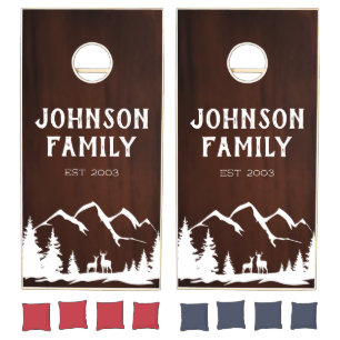 Deer Hunter Mountain Scene on Wood Family Name Cornhole Set
