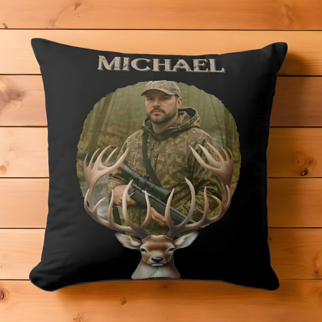 Deer Hunter Personalized Photo Camouflage Name Throw Pillow (Creator Uploaded)