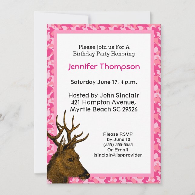 Deer Hunter Pink Camouflage Birthday Invitation (Front)
