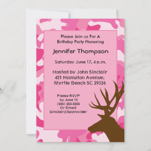 Deer Hunter Pink Camouflage Birthday Invitation