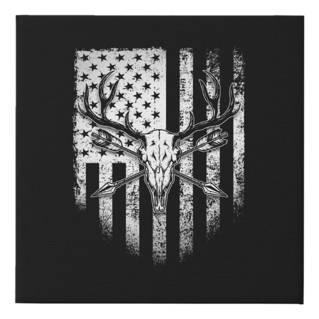 Deer Hunters Deer Skull on American Flag Faux Canvas Print (Front)