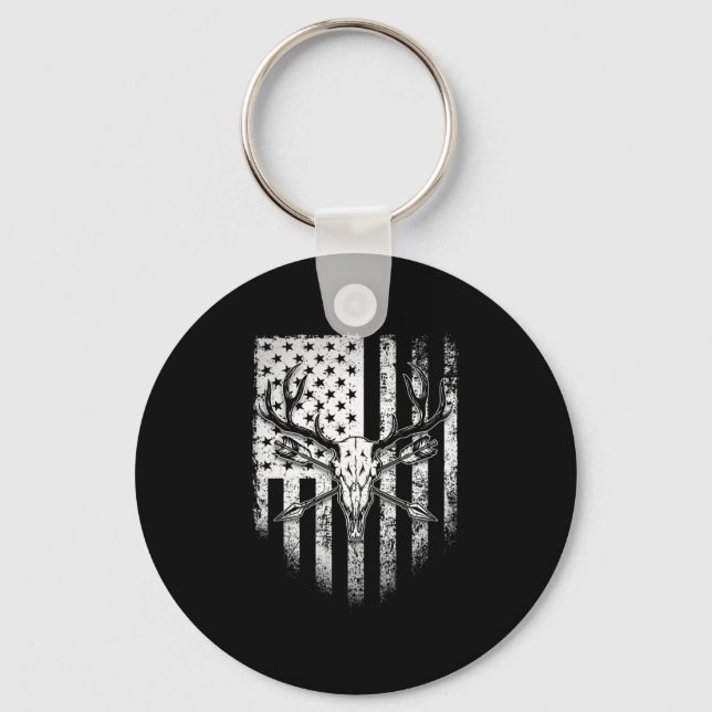 Deer Hunters Deer Skull on American Flag Keychain (Front)