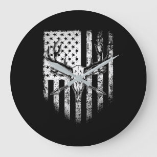 Deer Hunters Deer Skull on American Flag Large Clock