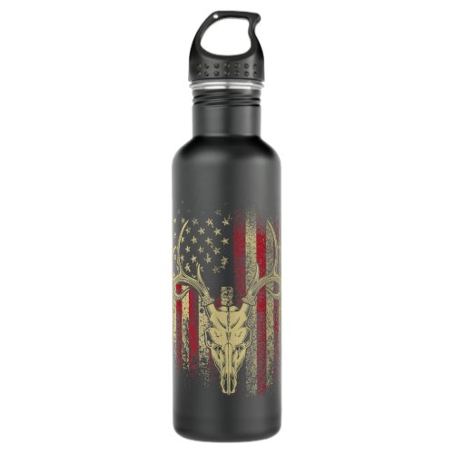 Deer Hunters Deer Skull on American Flag   Stainless Steel Water Bottle