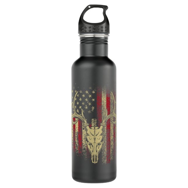 Deer Hunters Deer Skull on American Flag   Stainless Steel Water Bottle (Front)