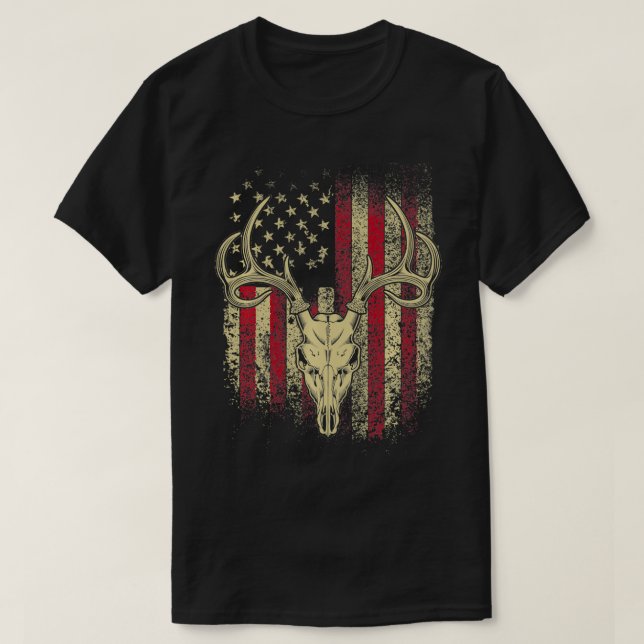 Deer Hunters Deer Skull on American Flag  T-Shirt (Design Front)