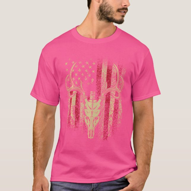 Deer Hunters Deer Skull On American Flag T-Shirt (Front)