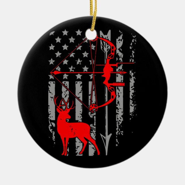 Deer Hunting American Flag Bow Hunting Fourth Of Ceramic Ornament (Front)
