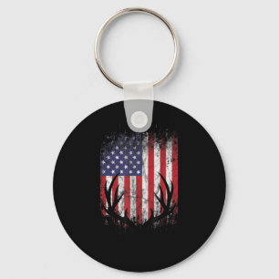 Deer Hunting American Flag Whitetail Buck Antlers Keychain