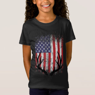 Deer Hunting American Flag Whitetail Buck Antlers T-Shirt