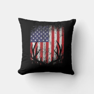 Deer Hunting American Flag Whitetail Buck Antlers Throw Pillow