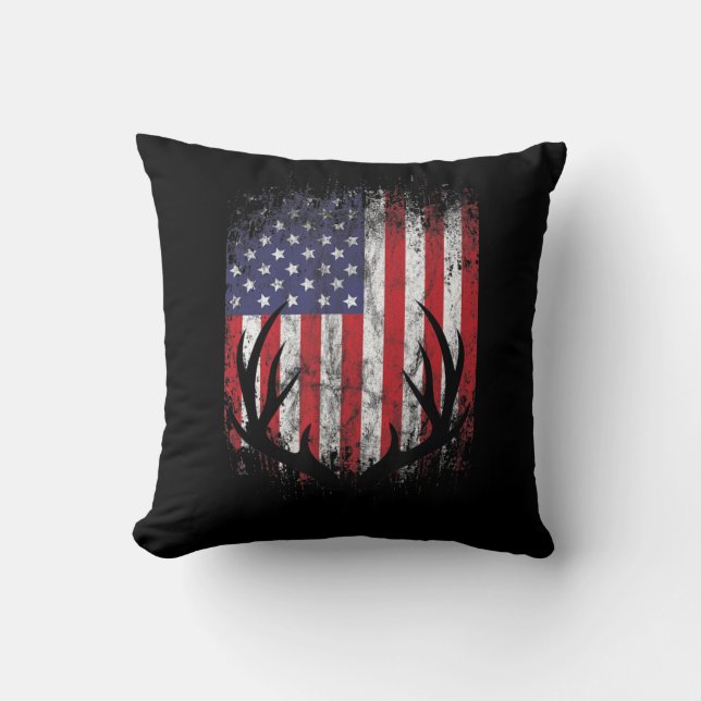 Deer Hunting American Flag Whitetail Buck Antlers  Throw Pillow (Front)
