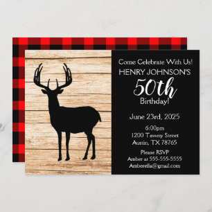 Deer Hunting Buffalo Plaid Themed 50th Birthday Invitation