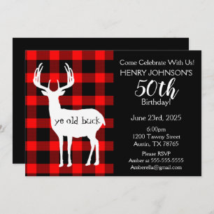 Deer Hunting Buffalo Plaid Themed 50th Birthday Invitation