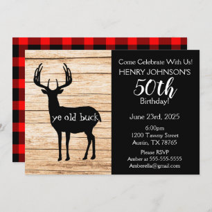 Deer Hunting Buffalo Plaid Themed 50th Birthday Invitation