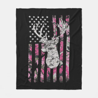 Deer Hunting Camo American Flag Pink Buck Fleece Blanket