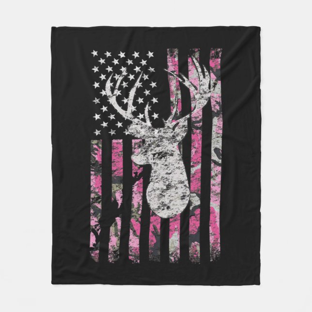 Deer Hunting Camo American Flag Pink Buck  Fleece Blanket (Front)