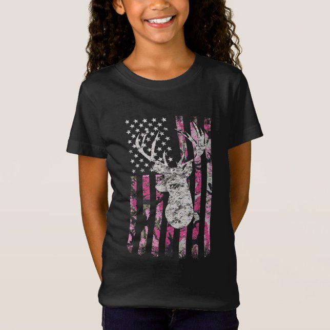 Deer Hunting Camo American Flag Pink Buck T-Shirt (Front)