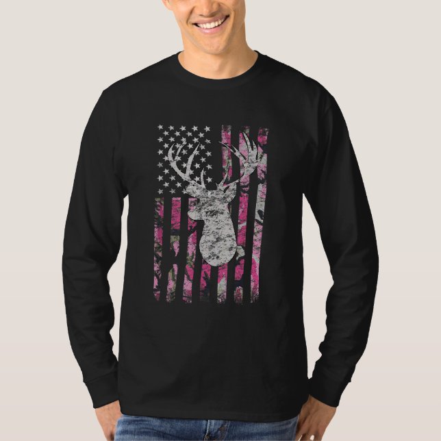 Deer Hunting Camo American Flag Pink Buck T-Shirt (Front)