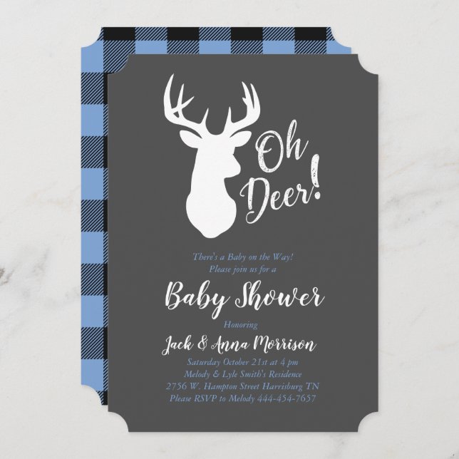 Deer Hunting Lodge Baby Shower Antlers Boy Blue Invitation (Front/Back)