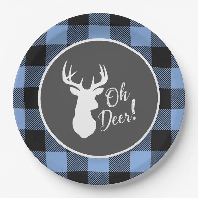 Deer Hunting Lodge Baby Shower Antlers Boy Blue Paper Plates (Front)