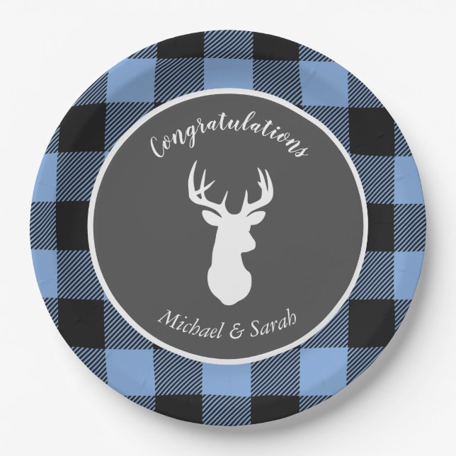 Deer Hunting Lodge Baby Shower Antlers Boy Blue Paper Plates (Front)
