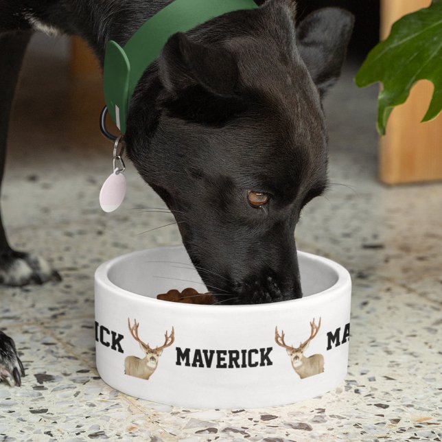 Deer Hunting Name Buck Antlers Cool Dog  Bowl (Deer hunting Antlers Personalized Dog Food Bowl. )
