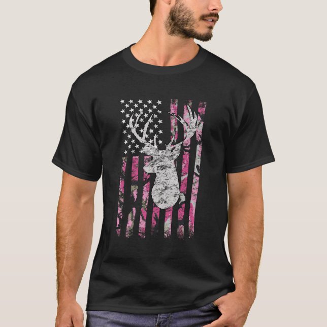 Deer Hunting Pink Camouflage Flag Distressed Hoodi T-Shirt (Front)