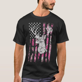 Deer Hunting Pink Camouflage Flag Distressed T-Shirt
