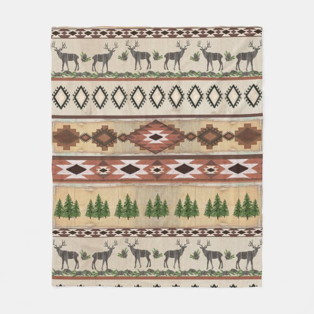 Deer Hunting Rustic Mountain Cabin Western Tribal Fleece Blanket (Front)