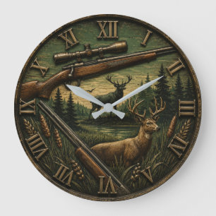 Deer Hunting  Rustic Rifle & Whitetail Buck  Large Clock