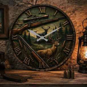 Deer Hunting  Rustic Rifle & Whitetail Buck  Large Clock