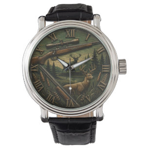 Deer Hunting Rustic Rifle & Whitetail Buck Watch